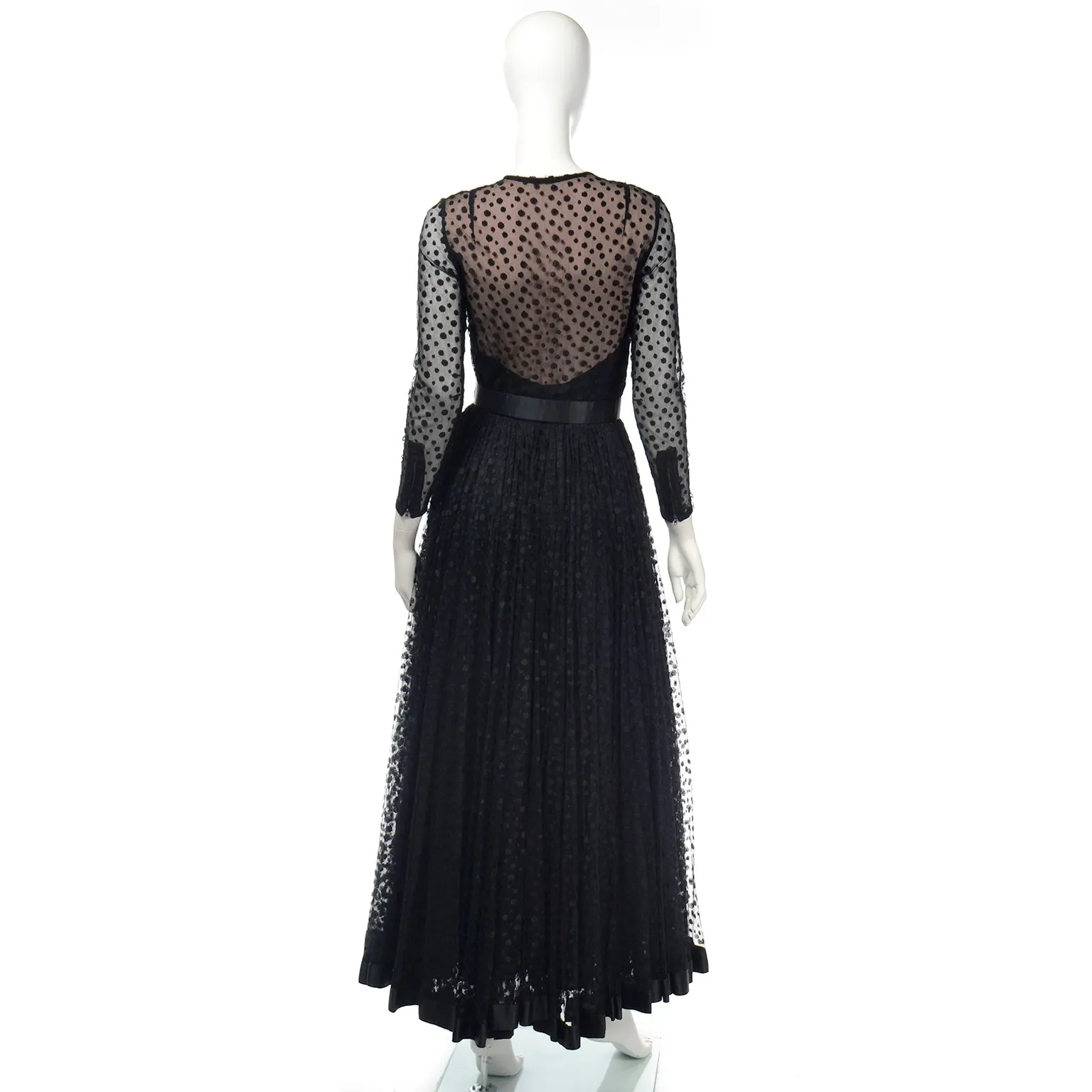 1970s Bill Blass Black Polka Dot Net Evening Dress w/ Illusion Bodice