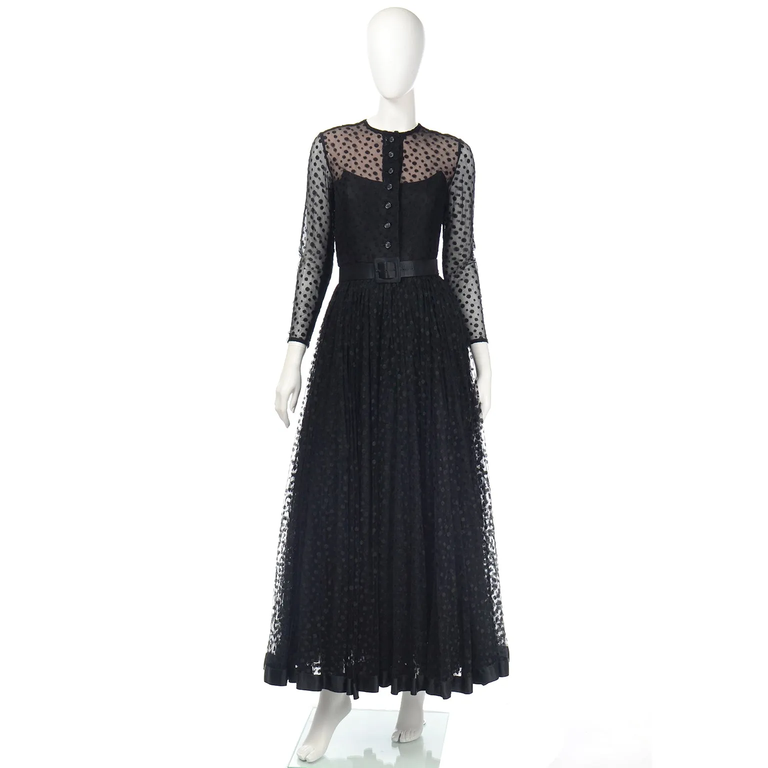 1970s Bill Blass Black Polka Dot Net Evening Dress w/ Illusion Bodice