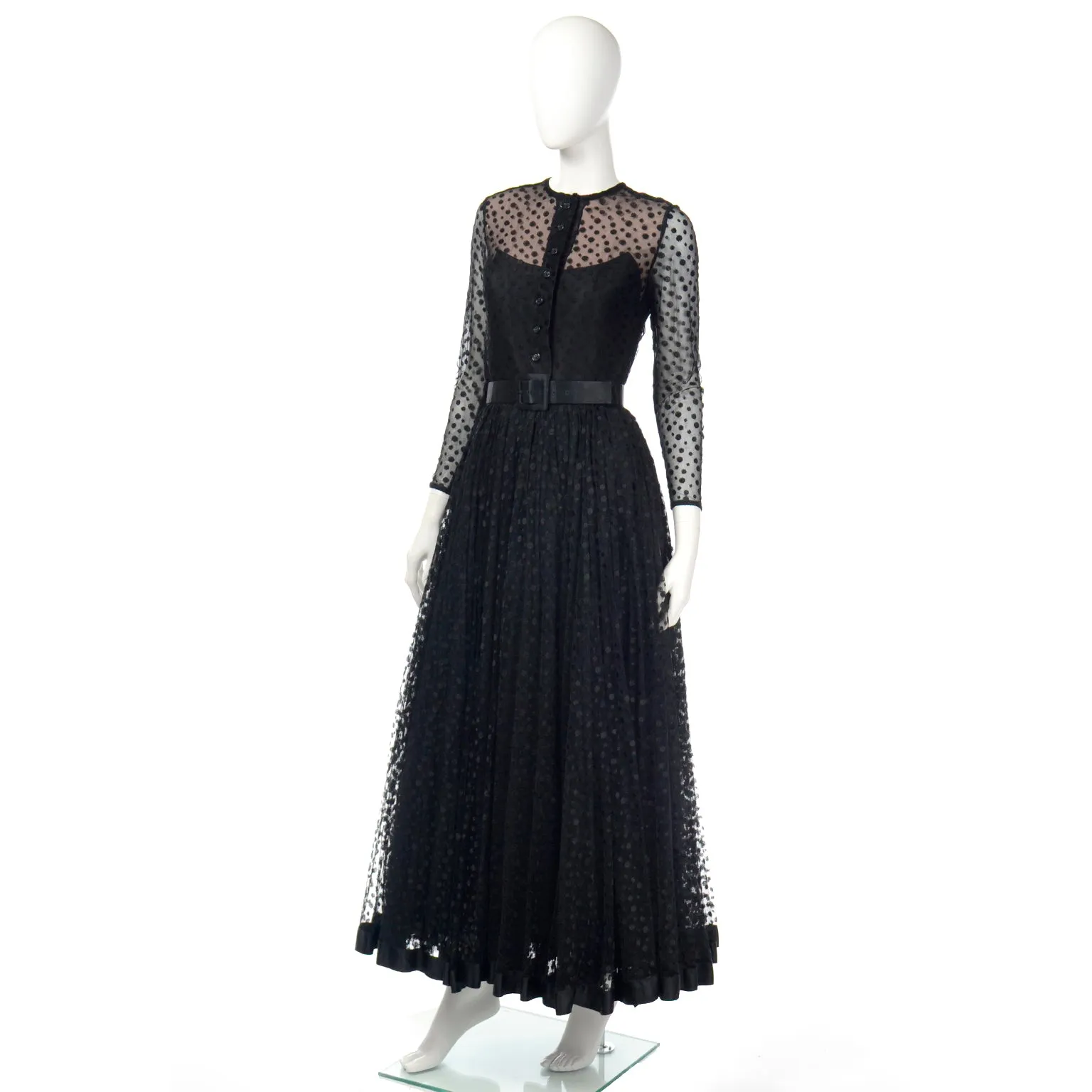 1970s Bill Blass Black Polka Dot Net Evening Dress w/ Illusion Bodice