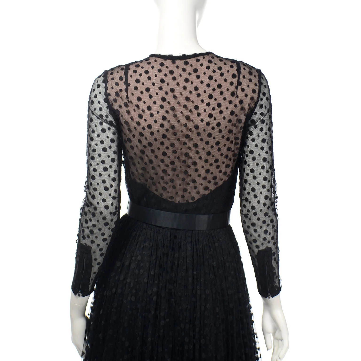 1970s Bill Blass Black Polka Dot Net Evening Dress w/ Illusion Bodice