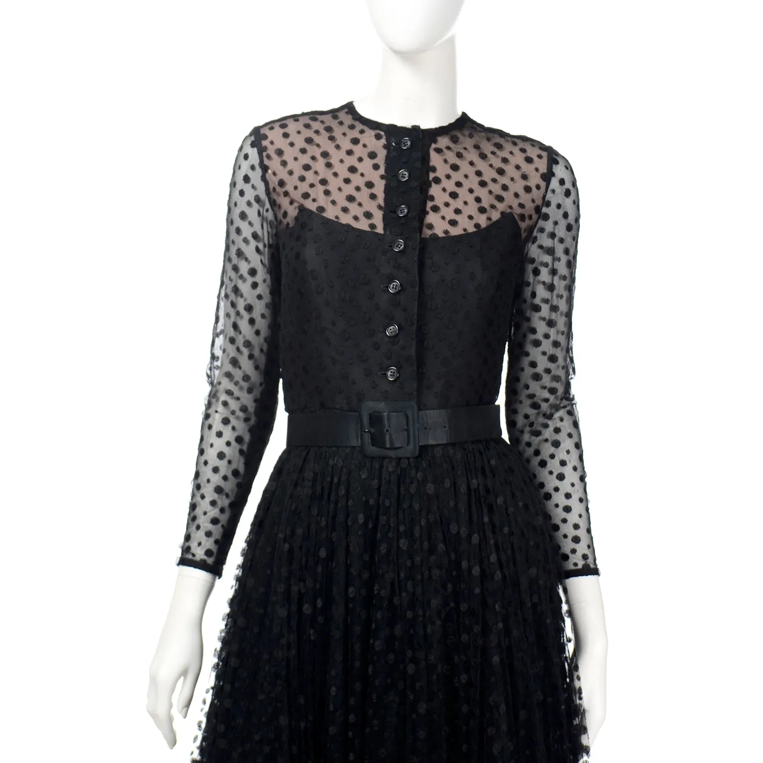 1970s Bill Blass Black Polka Dot Net Evening Dress w/ Illusion Bodice