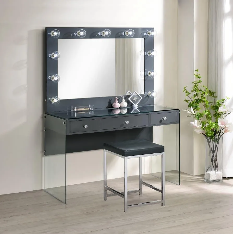 3-drawer Vanity Desk  with Lighting Mirror Grey High Gloss