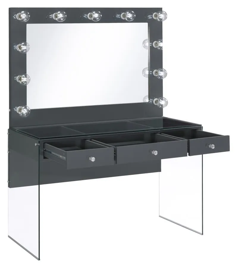 3-drawer Vanity Desk  with Lighting Mirror Grey High Gloss