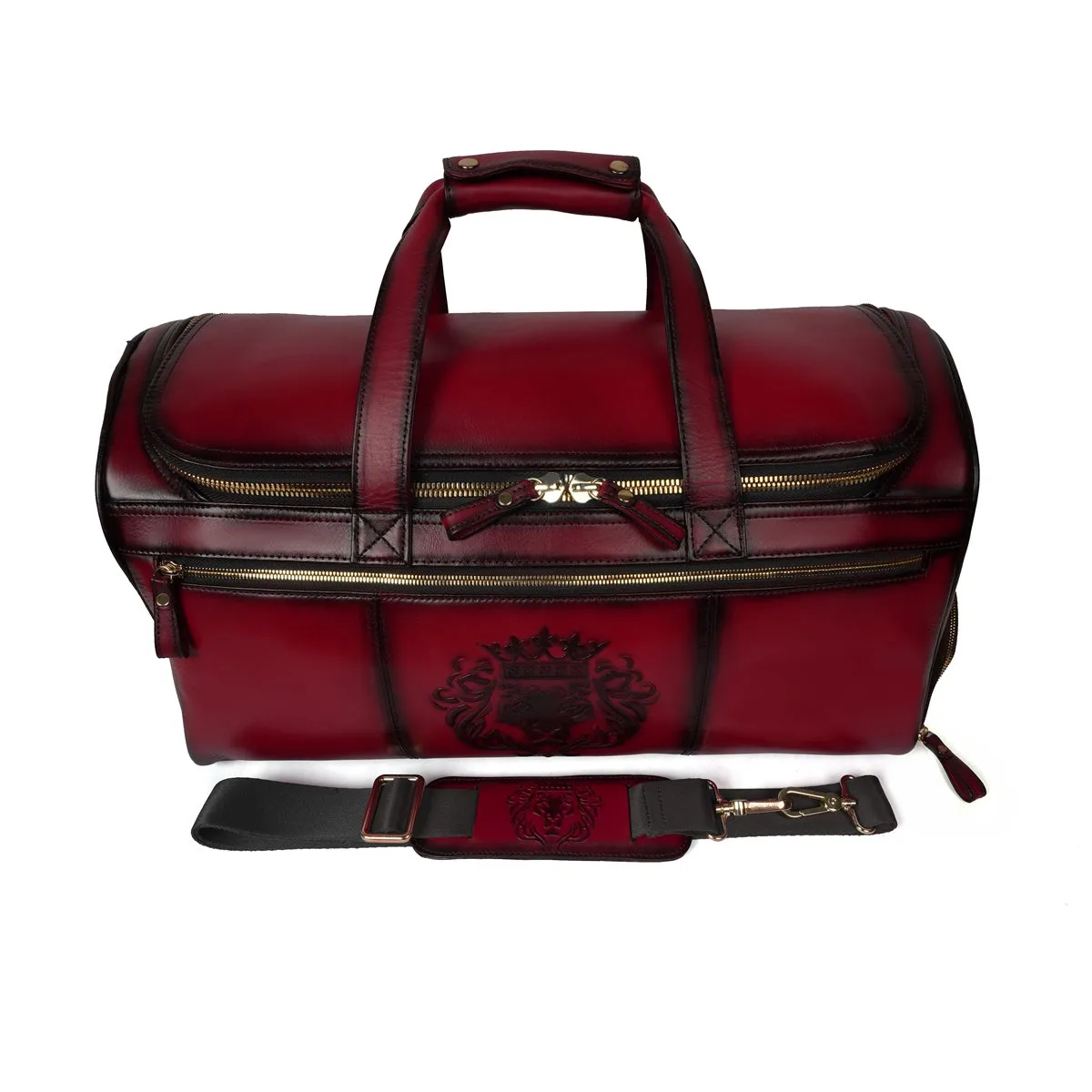 Additional Footwear Pocket Embossed Lion Wine Leather Multi-Pockets Duffle/Gym Bag by Brune & Bareskin