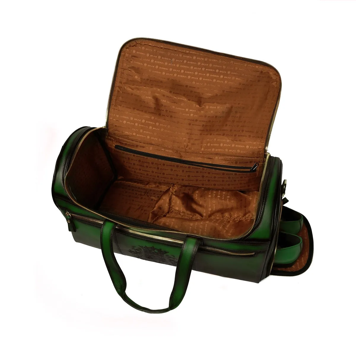 Additional Footwear Pocket Green Leather Multi-Pockets Duffle/Gym Bag With Metal Lion by Brune & Bareskin