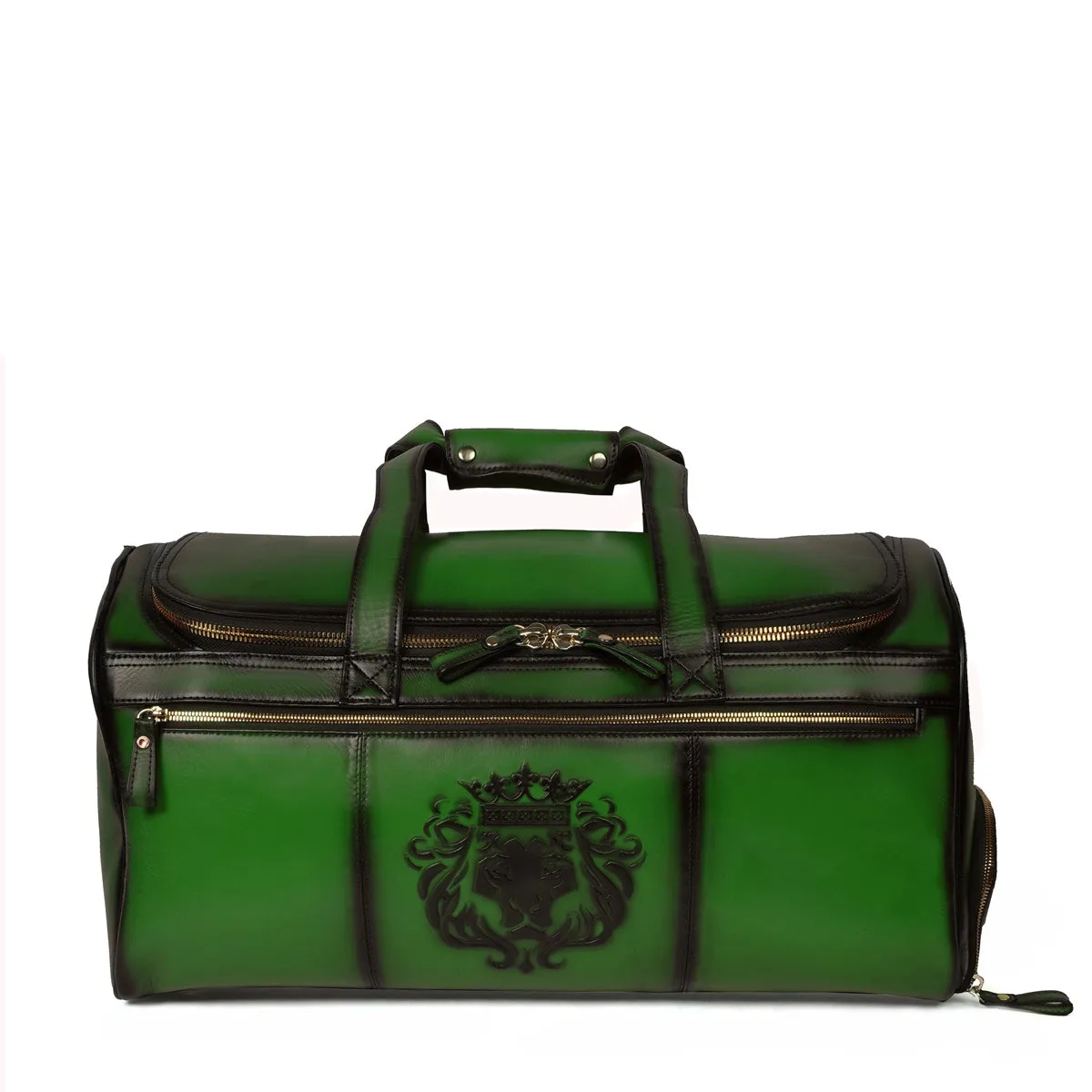 Additional Footwear Pocket Green Leather Multi-Pockets Duffle/Gym Bag With Metal Lion by Brune & Bareskin