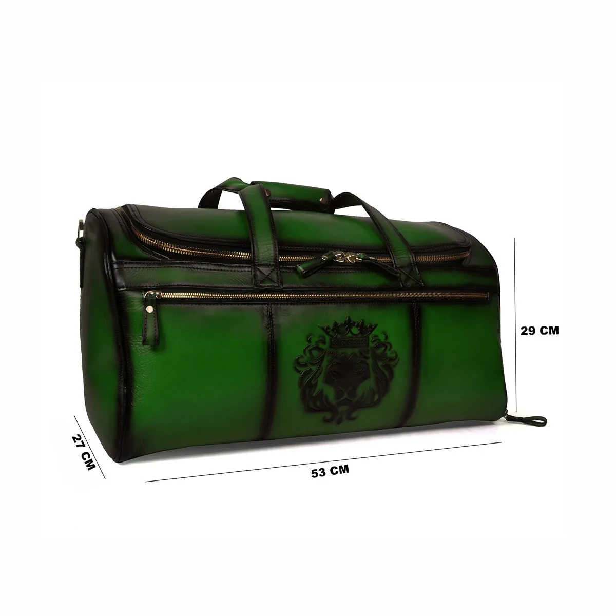 Additional Footwear Pocket Green Leather Multi-Pockets Duffle/Gym Bag With Metal Lion by Brune & Bareskin