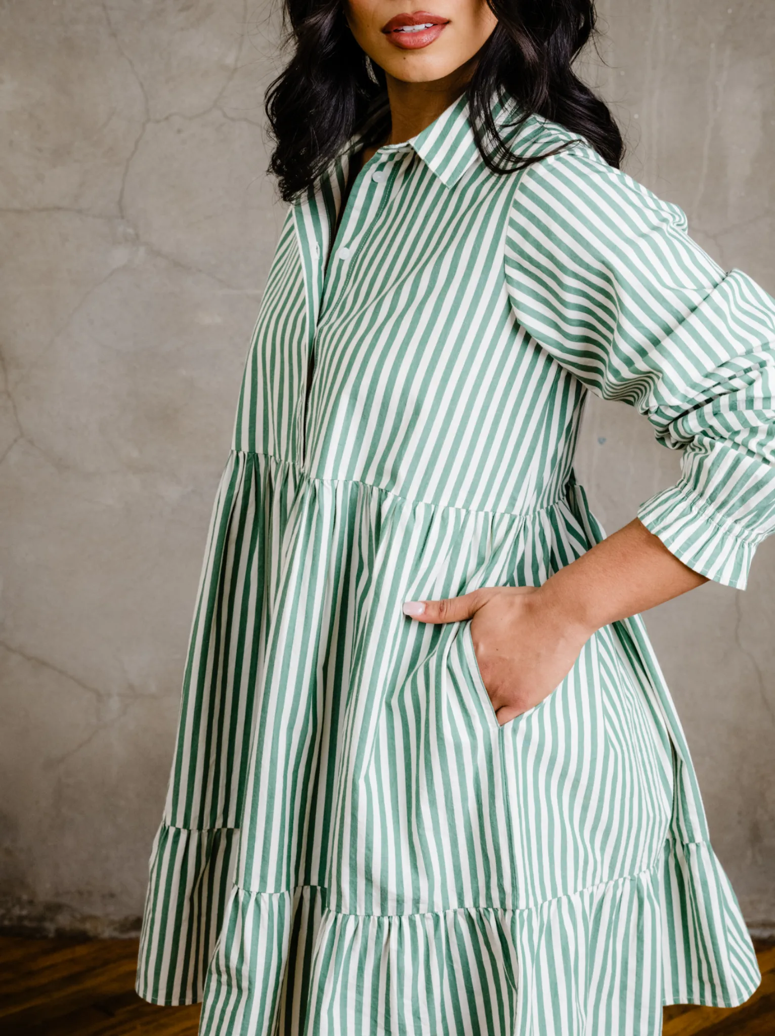 Aleesha Tiered Mini Shirtdress - Green Cabana Stripe