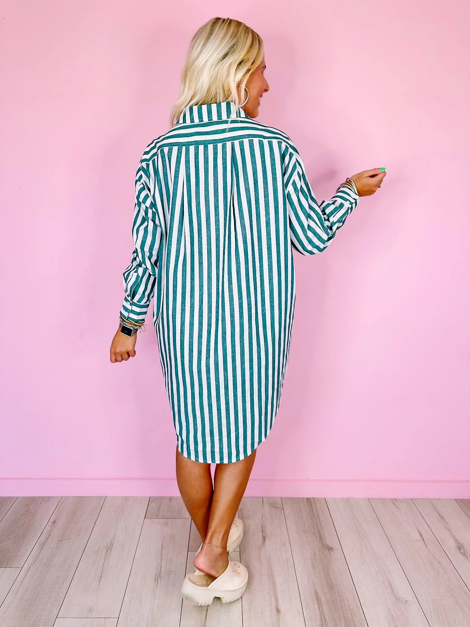 ALL I NEED STRIPE SHIRT DRESS - GREEN