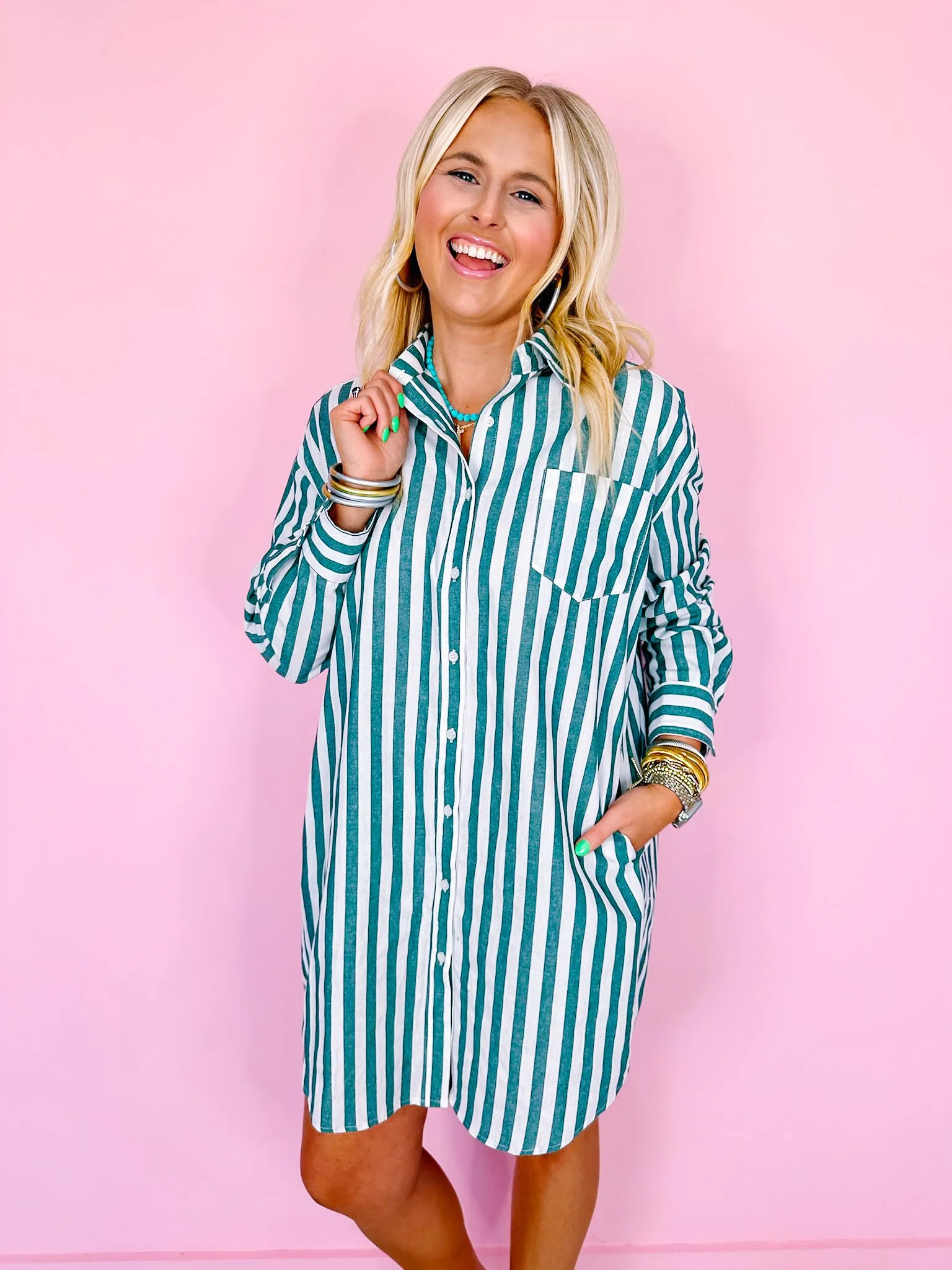 ALL I NEED STRIPE SHIRT DRESS - GREEN