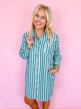 ALL I NEED STRIPE SHIRT DRESS - GREEN