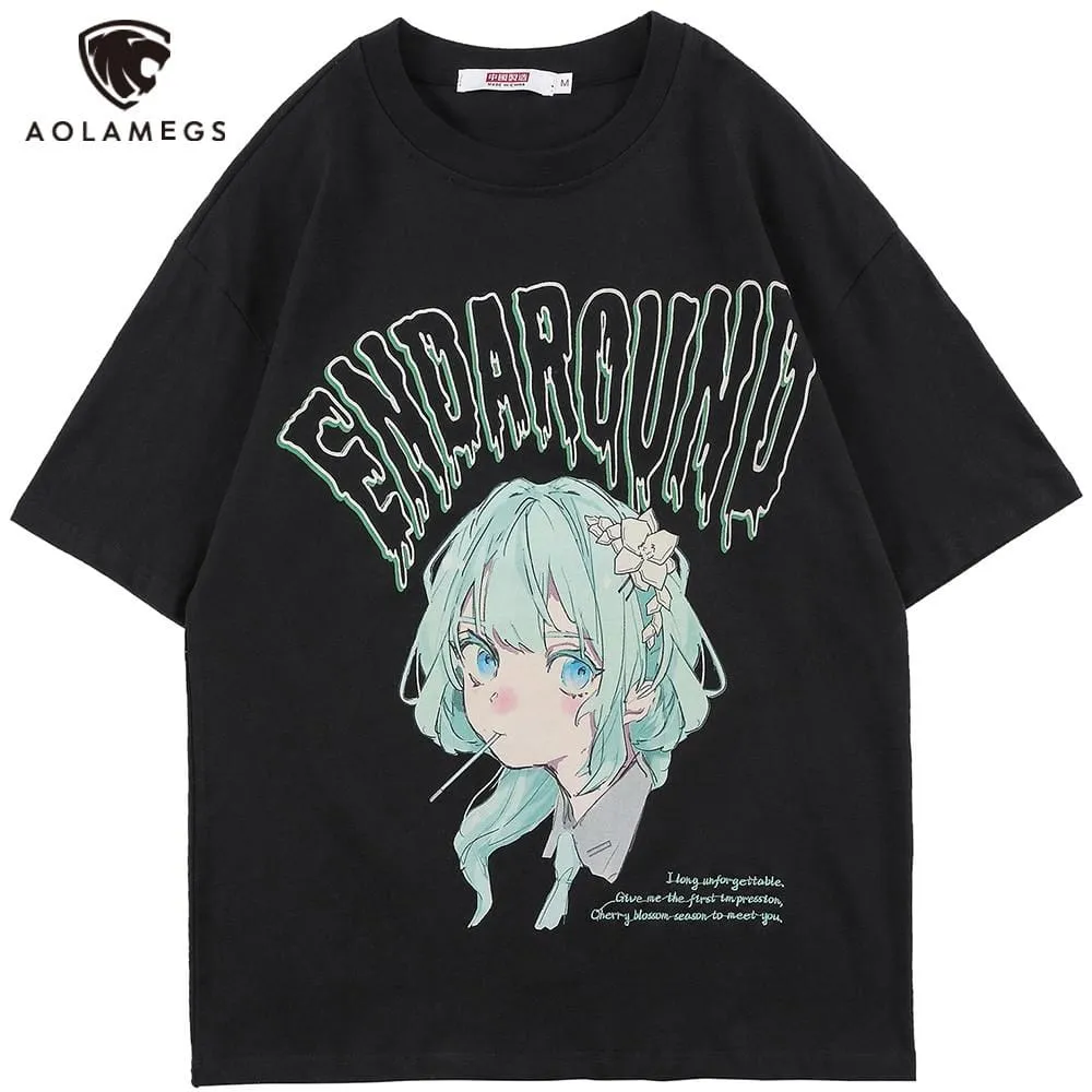 Aolamegs T-shirt Men Green Hair Girl Cartoon Anime Printed O-Neck  Streetwear Japanese Harajuku Fashion Tops Men Clothing Summer