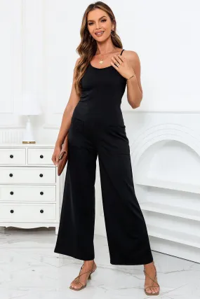 Black Patch Spaghetti Strap Cotton Jumpsuit with Pockets and Wide Legs