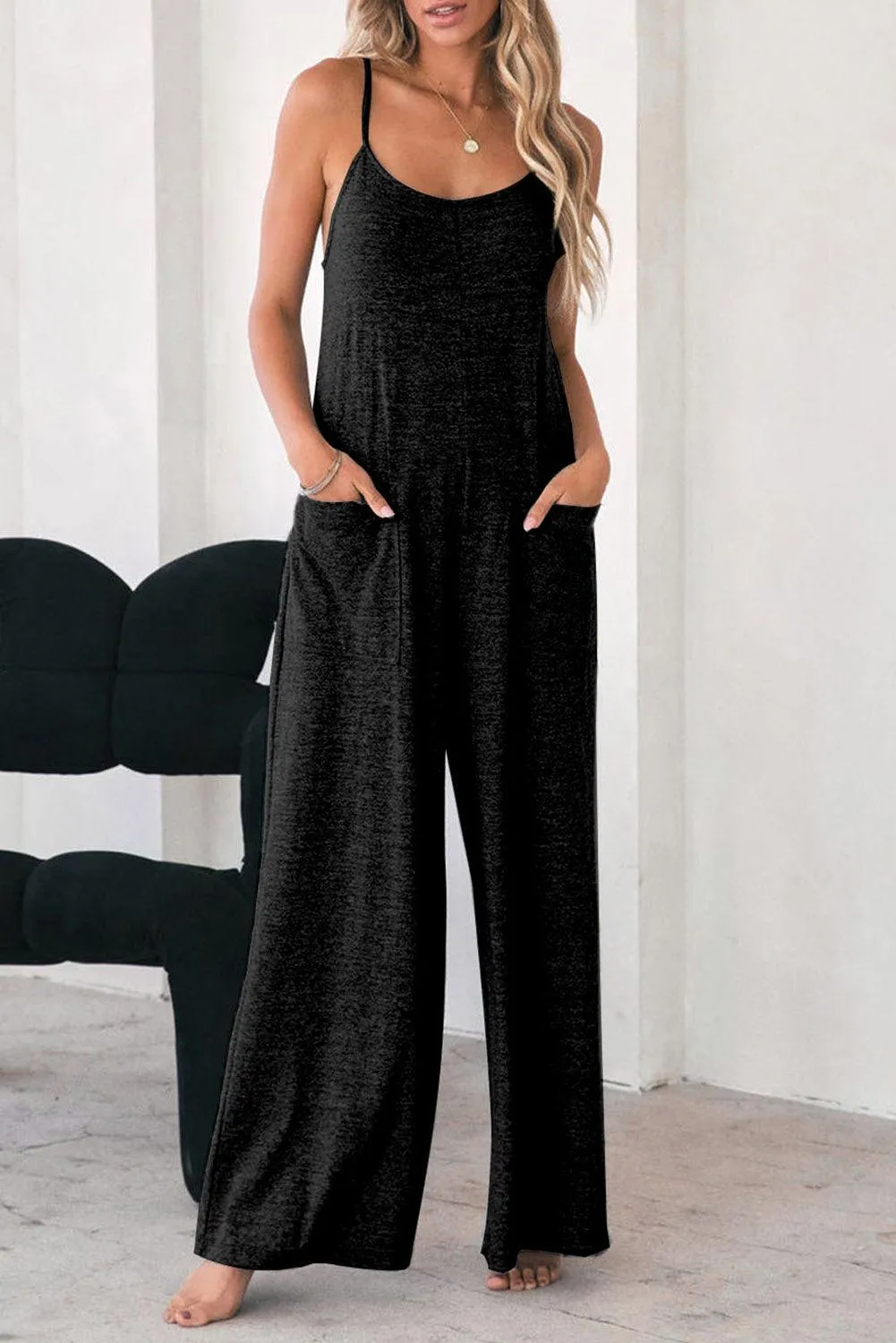 Black Patch Spaghetti Strap Cotton Jumpsuit with Pockets and Wide Legs