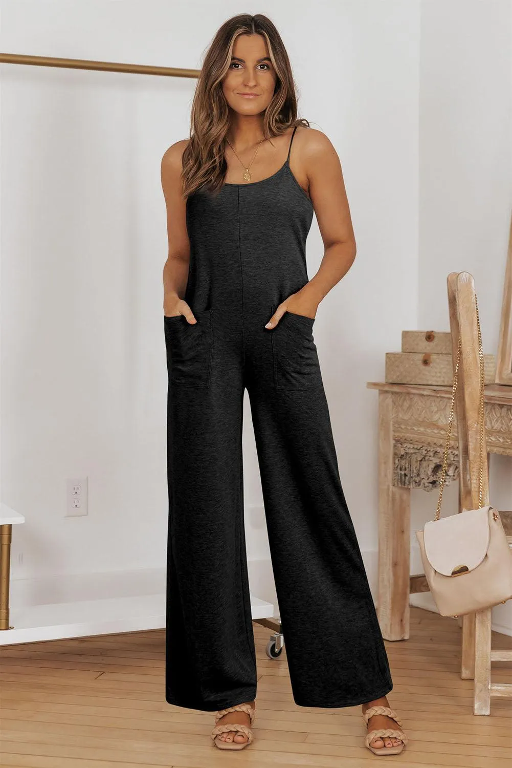 Black Patch Spaghetti Strap Cotton Jumpsuit with Pockets and Wide Legs