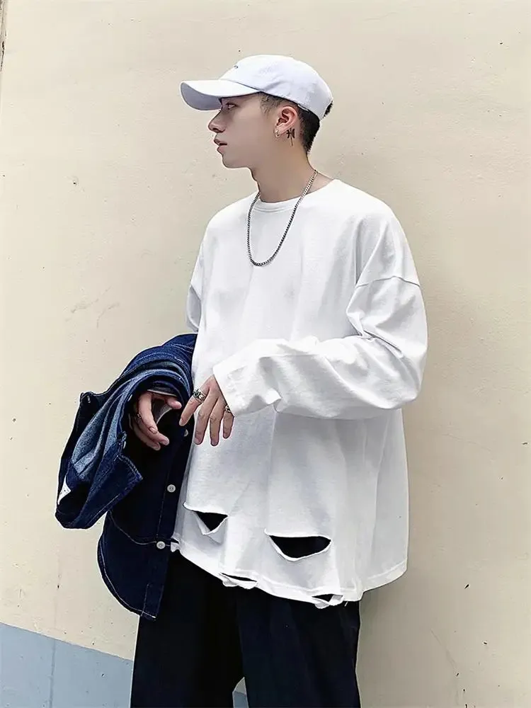 BONSIR  -  Men's Long Sleeved T-Shirt Solid Color Bottom Shirt Spring Fashion Brand Hem Hole Design Street Loose Hip-Hop T-Shirt