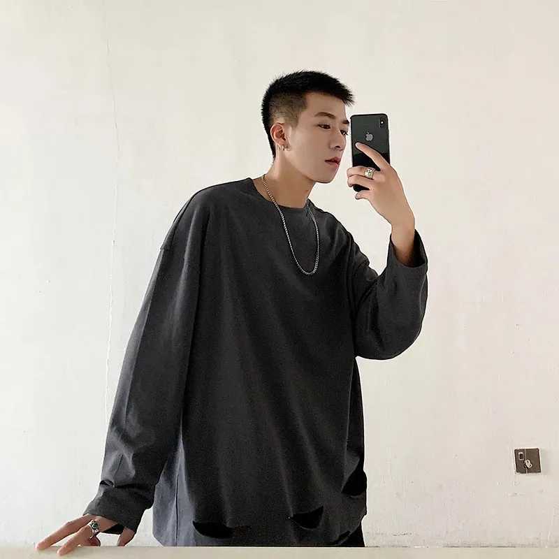 BONSIR  -  Men's Long Sleeved T-Shirt Solid Color Bottom Shirt Spring Fashion Brand Hem Hole Design Street Loose Hip-Hop T-Shirt