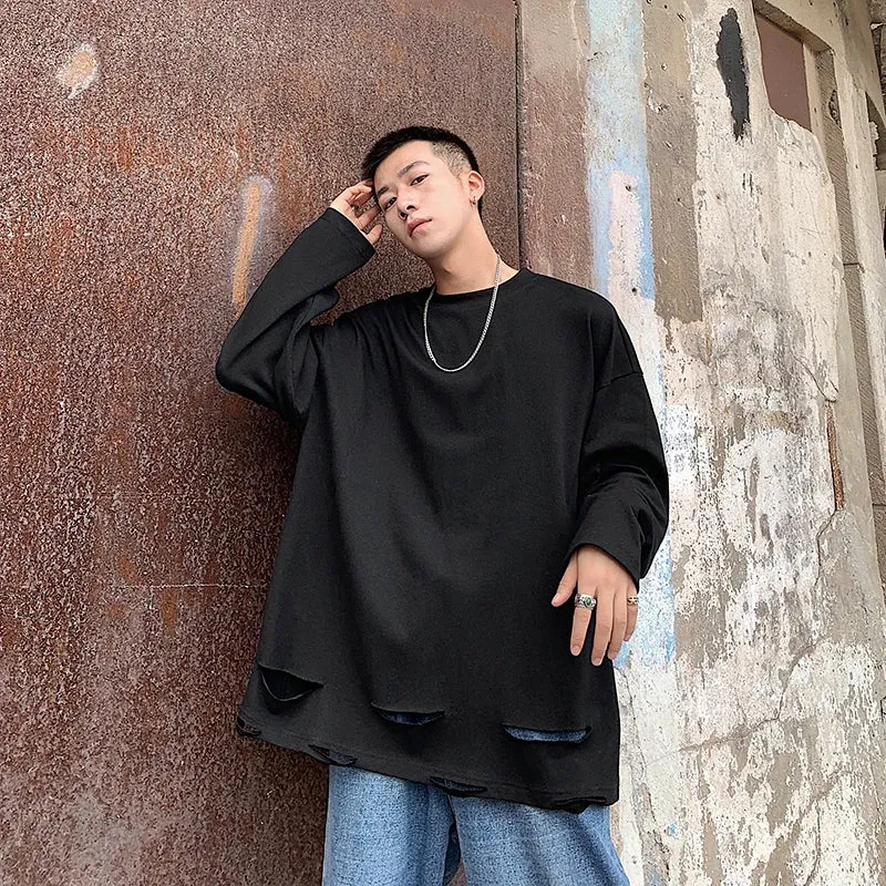 BONSIR  -  Men's Long Sleeved T-Shirt Solid Color Bottom Shirt Spring Fashion Brand Hem Hole Design Street Loose Hip-Hop T-Shirt