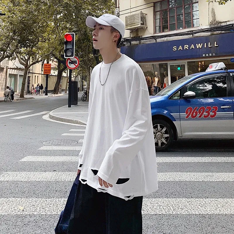 BONSIR  -  Men's Long Sleeved T-Shirt Solid Color Bottom Shirt Spring Fashion Brand Hem Hole Design Street Loose Hip-Hop T-Shirt