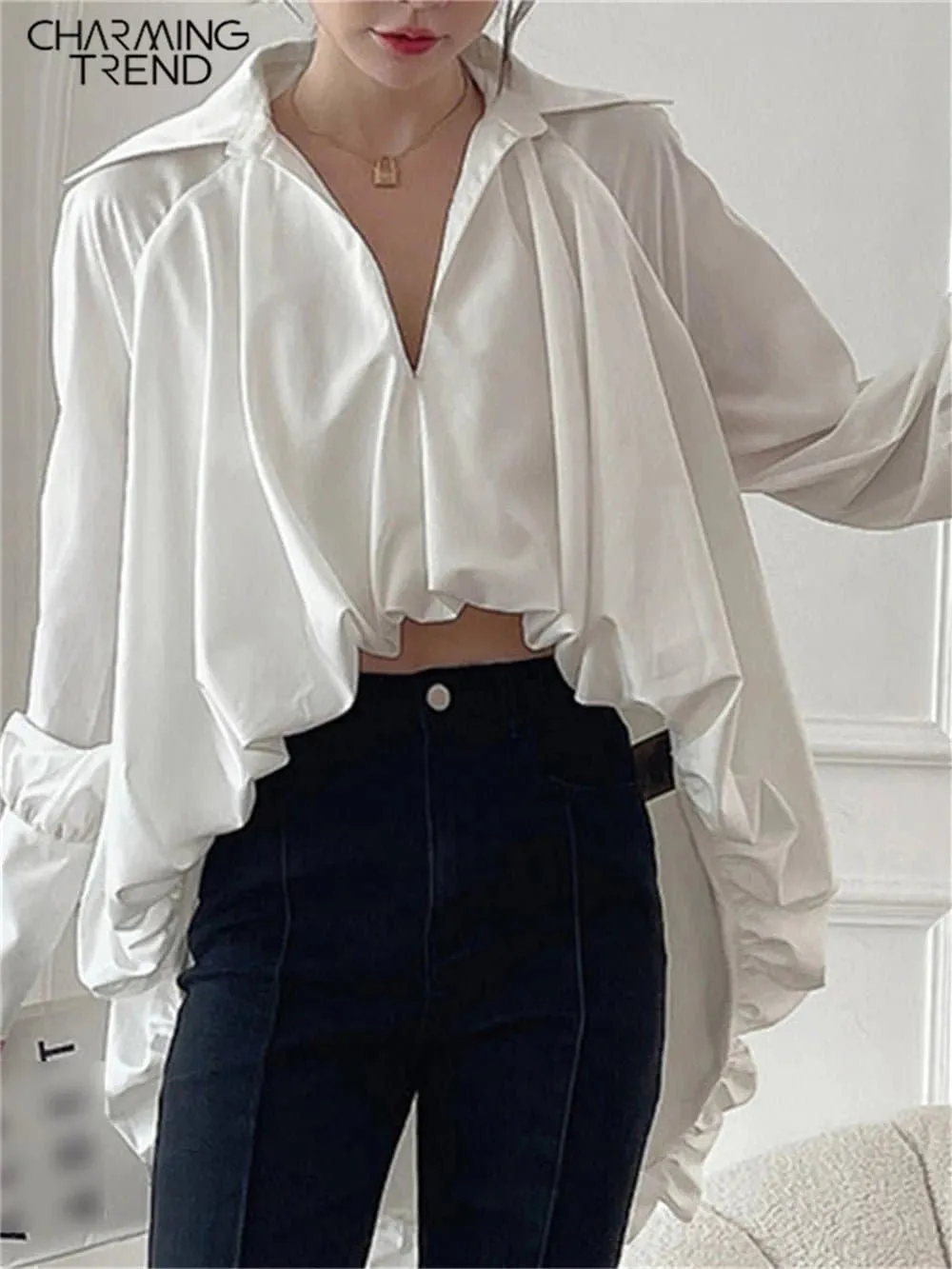 Casual Irregular Hem Shirt - High Street Style, Non Stretch, Lightweight