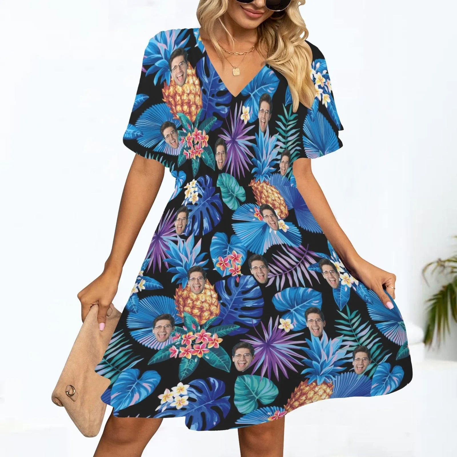 Custom Face Blue Leaves V-Neck Women's Elastic Waist Casual Dress