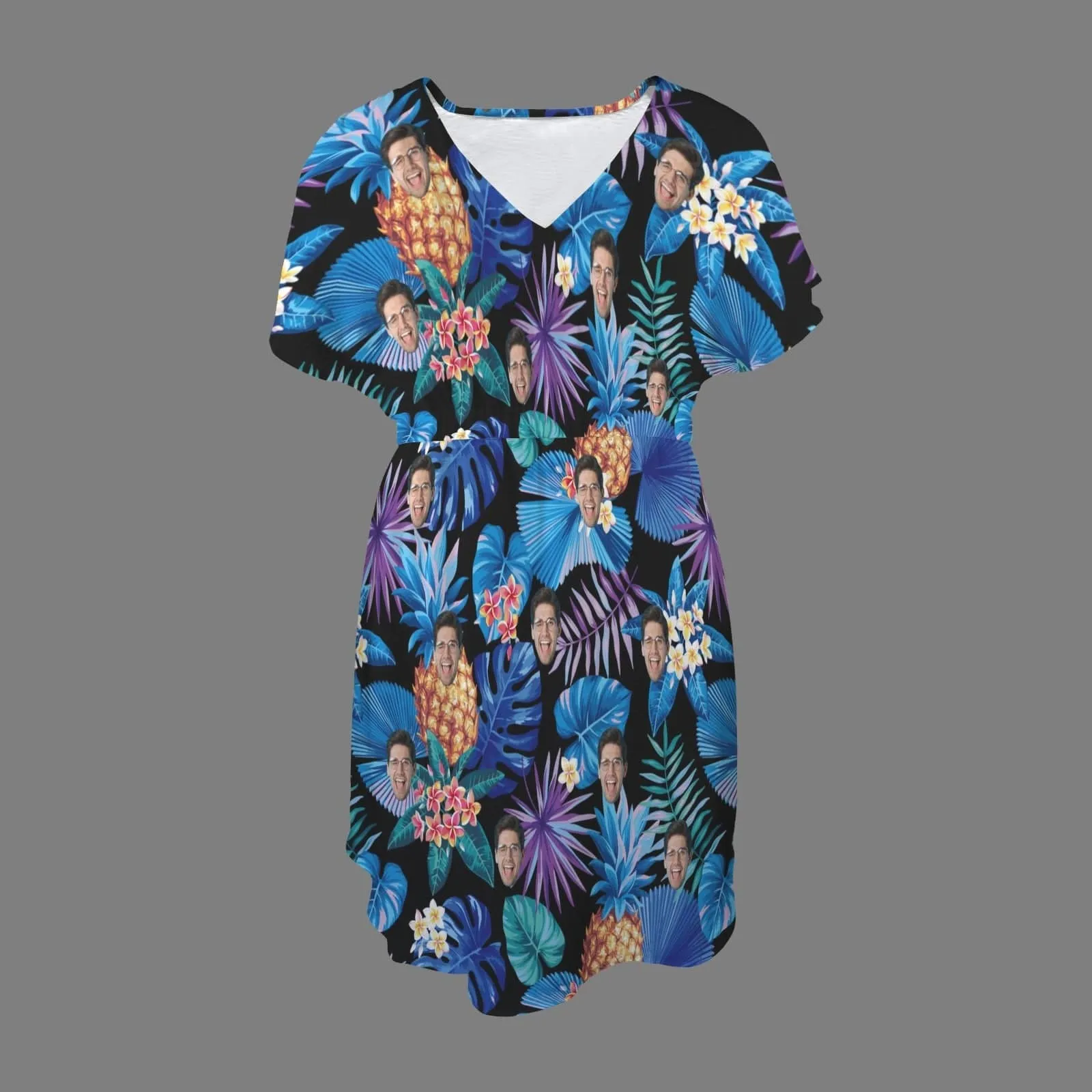 Custom Face Blue Leaves V-Neck Women's Elastic Waist Casual Dress