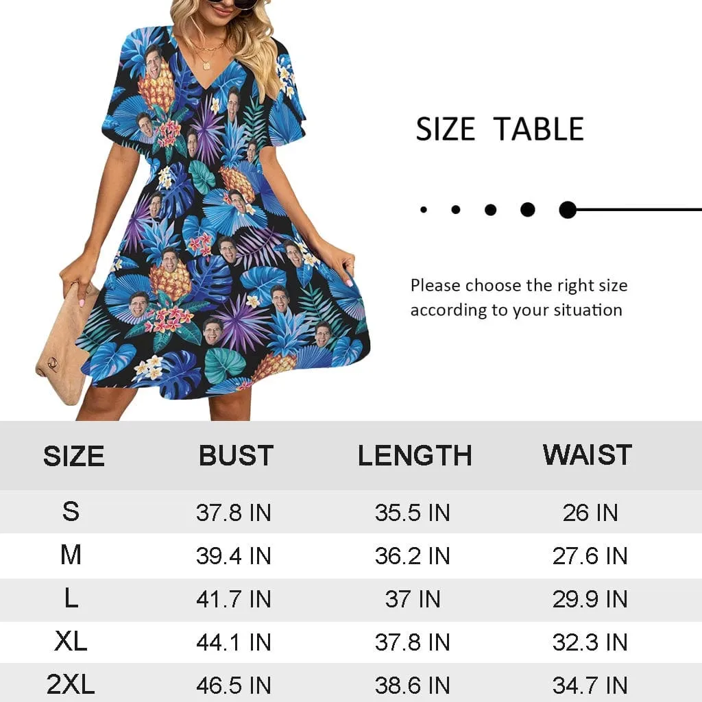 Custom Face Blue Leaves V-Neck Women's Elastic Waist Casual Dress