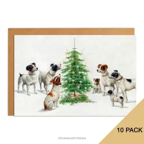 Cute Dogs with Christmas Tree Personalised or Blank Xmas Art Cards, Pack of 10