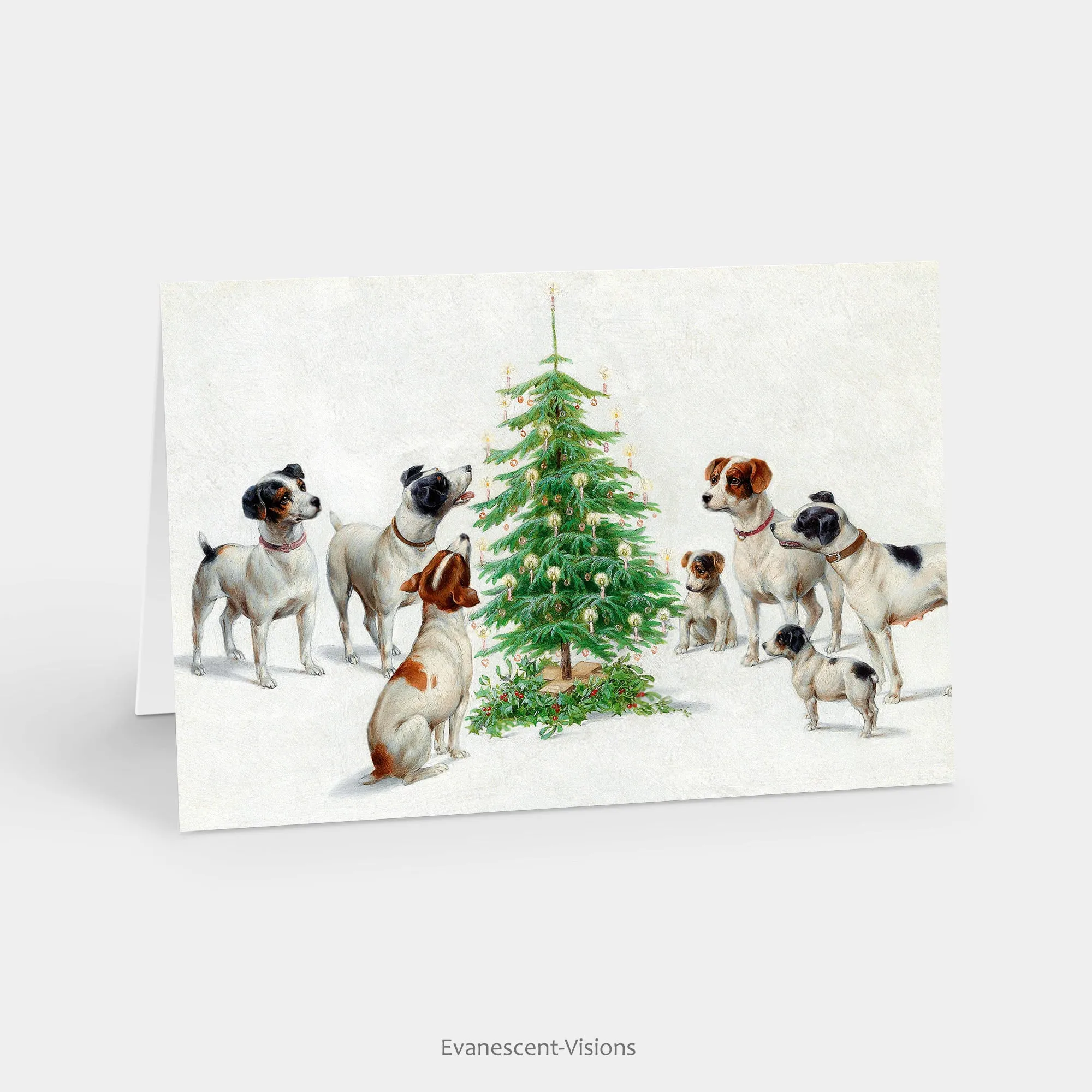 Cute Dogs with Christmas Tree Personalised or Blank Xmas Art Cards, Pack of 10