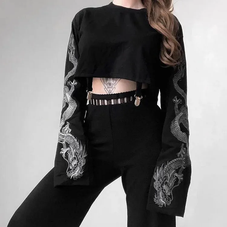 Dragon Print Crop Top Sweatshirt - Street Style Chic