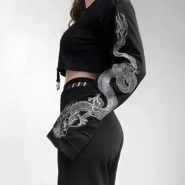 Dragon Print Crop Top Sweatshirt - Street Style Chic