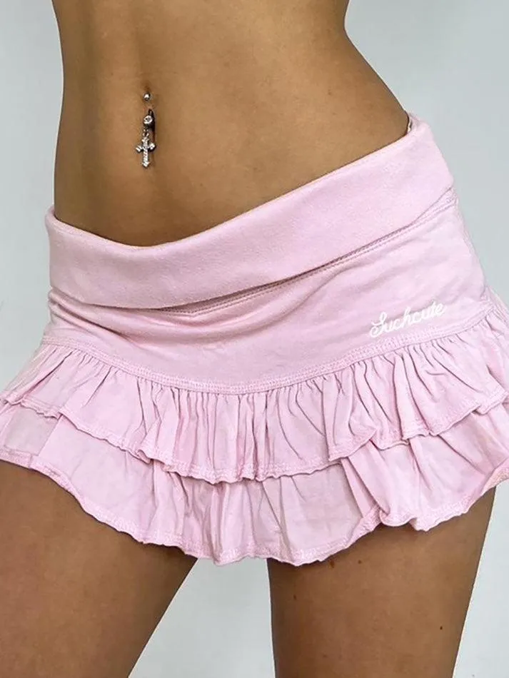 Flanged Low-Waist Small Letter Embroidered Ruffles Mini Skirt