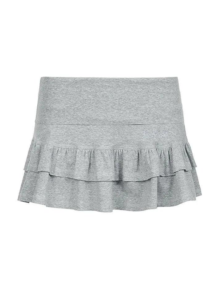 Flanged Low-Waist Small Letter Embroidered Ruffles Mini Skirt