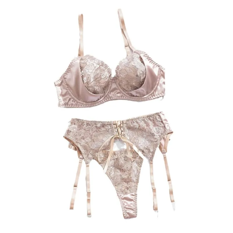 Floral Embroidered Sexy Lingerie Set in Pale Pink with Corset Lacing