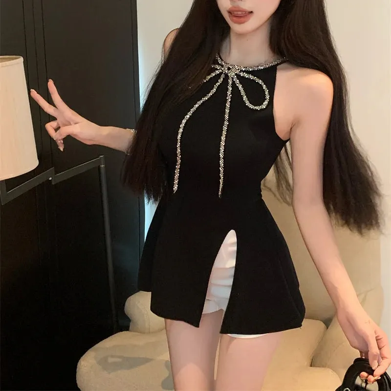 Girlary High Street Sexy Split Solid Color All Match Camisole Women 2024 Summer New Korean Rhinestone Bow Splicing Casual Knitted Tops