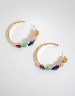 Gold Geo Cut Stone Hoop Earrings