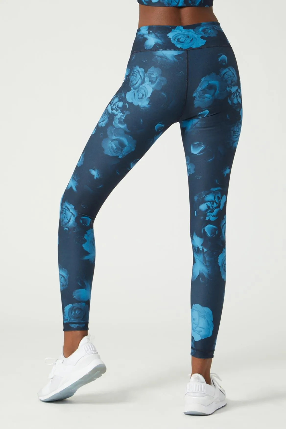 High Waist Reversible Legging Neon Blue Flowers