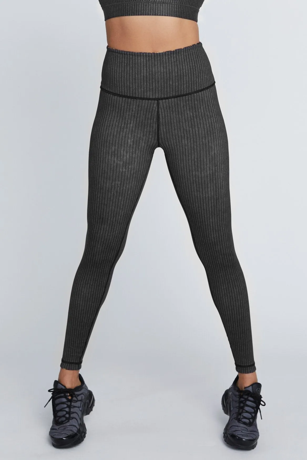 High Waist Reversible Leggings Black And Grey Stripe