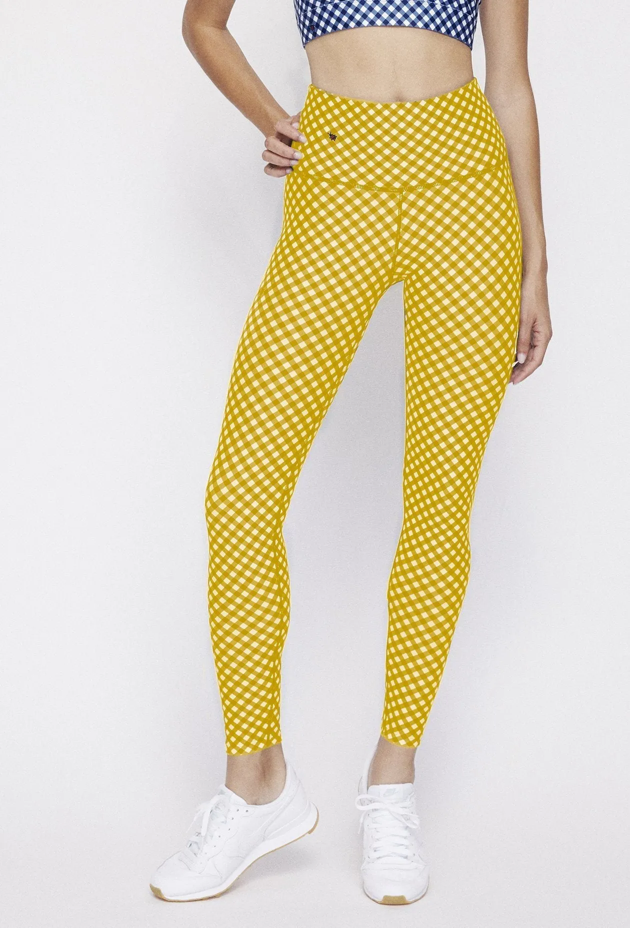 High Waist Reversible Leggings Navy Gingham - Sunshine Gingham