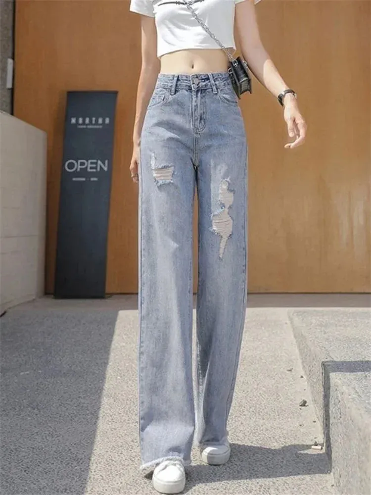 High Waist Wide Leg Jeans - Ripped Boyfriend Y2k Style