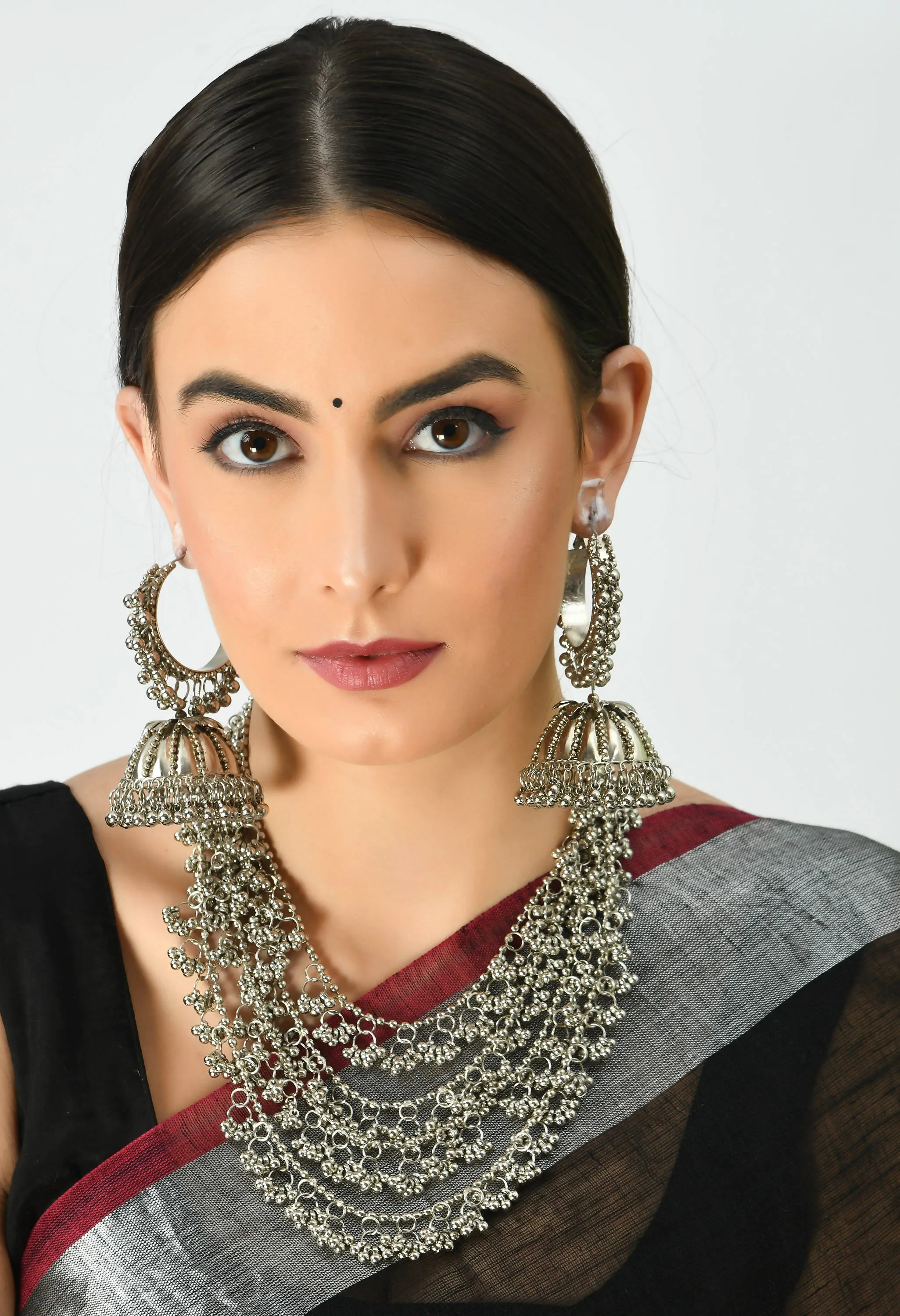 Indiakreations Silver color Nacklace with Ghungru Tripple layar with EarringsJkms_108