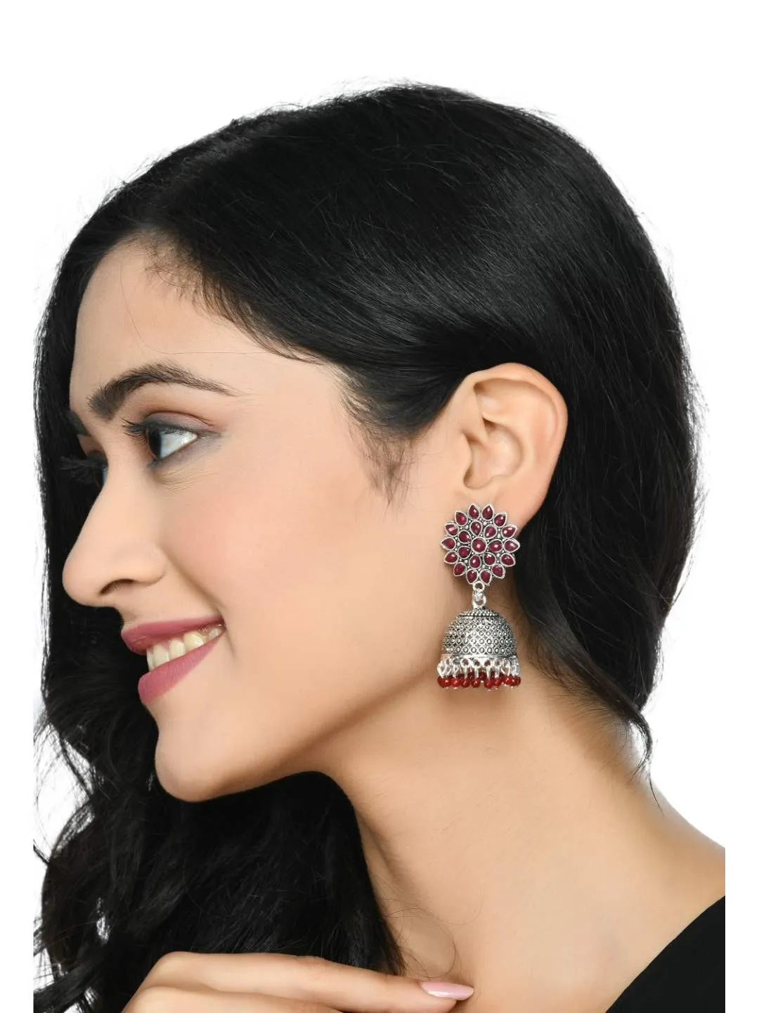 Indiakreations Silver-Plated Maroon color Kundan with Pearls Jhumkas Jker_134