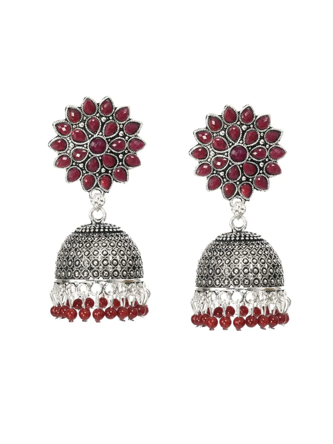 Indiakreations Silver-Plated Maroon color Kundan with Pearls Jhumkas Jker_134