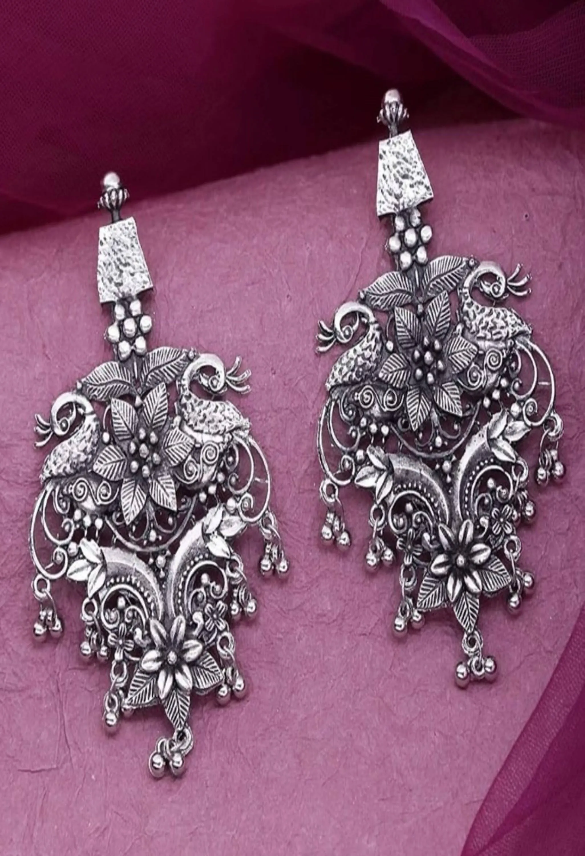 Johar Kamal Oxidised Peacock Design Earrings Jhumkas Jker_084