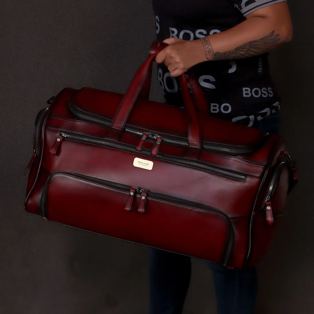 Large Shoe Copartment Wine Genuine Leather Multi-Pockets Duffle Bag by Brune & Bareskin