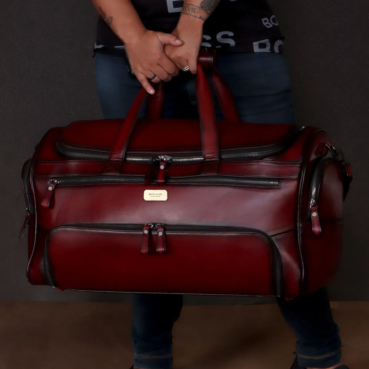 Large Shoe Copartment Wine Genuine Leather Multi-Pockets Duffle Bag by Brune & Bareskin