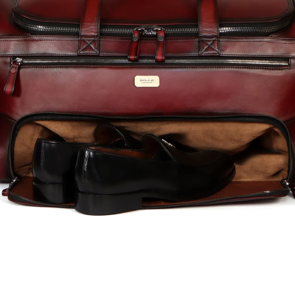 Large Shoe Copartment Wine Genuine Leather Multi-Pockets Duffle Bag by Brune & Bareskin