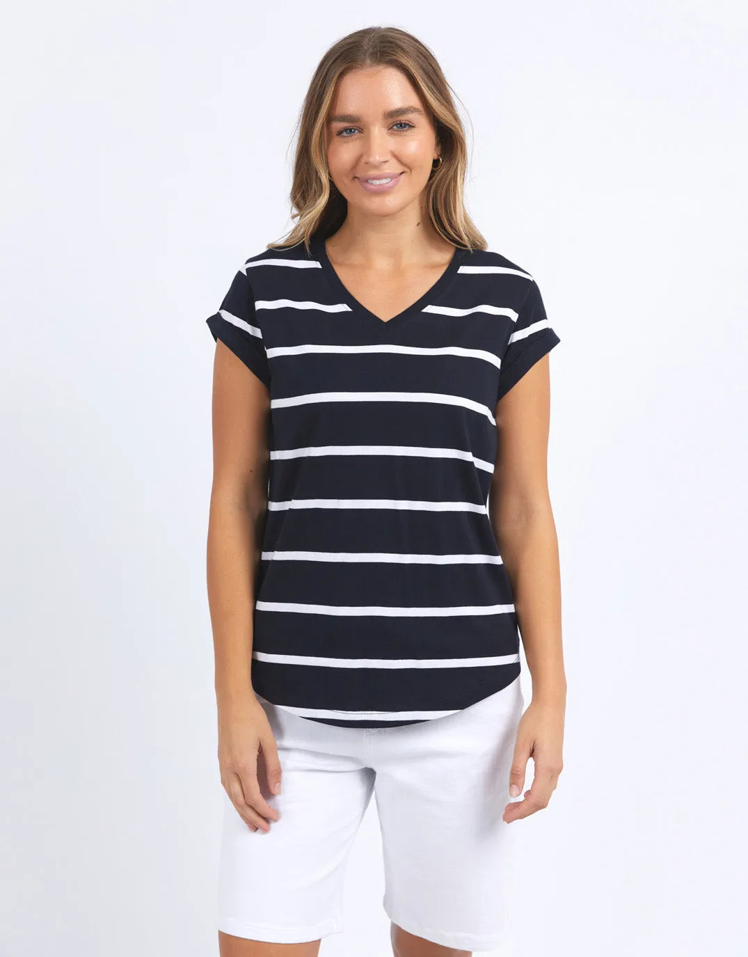 Manly Stripe Vee Tee - Navy & White Stripe