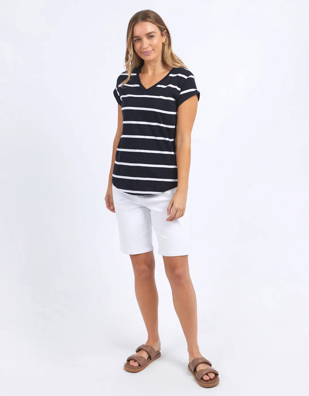 Manly Stripe Vee Tee - Navy & White Stripe