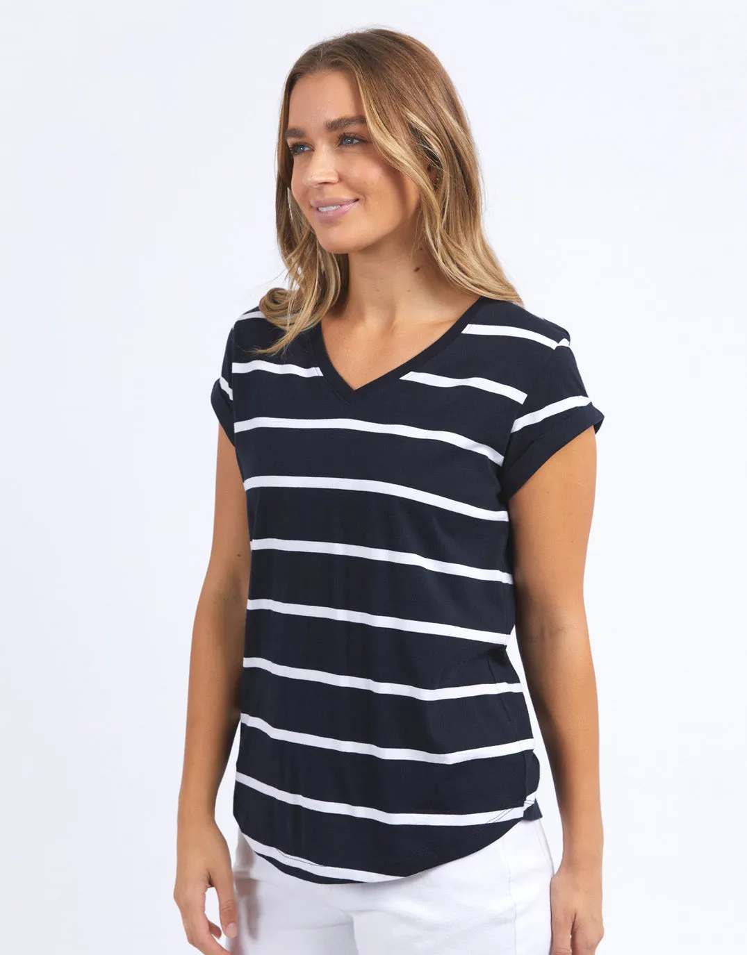 Manly Stripe Vee Tee - Navy & White Stripe